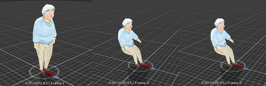 A gif showing three animations displayed in the Unity editor - the first is an animation of Ida sitting down, the second is a looping animation of Ida sitting, slightly moving, and the third is an animation of Ida standing up.